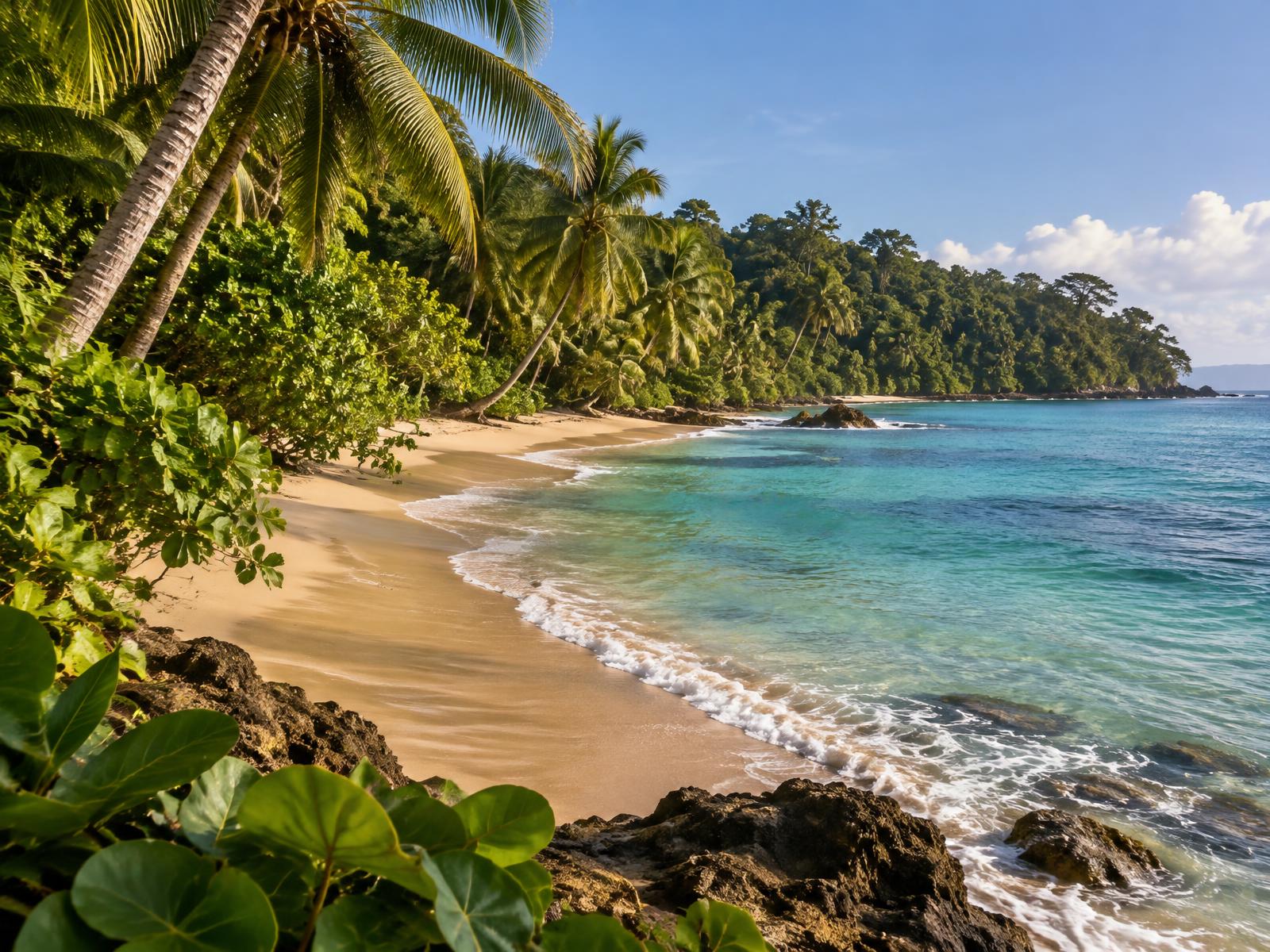 Warm sand, turquoise Caribbean water, and lush coastal jungle in Costa Rica