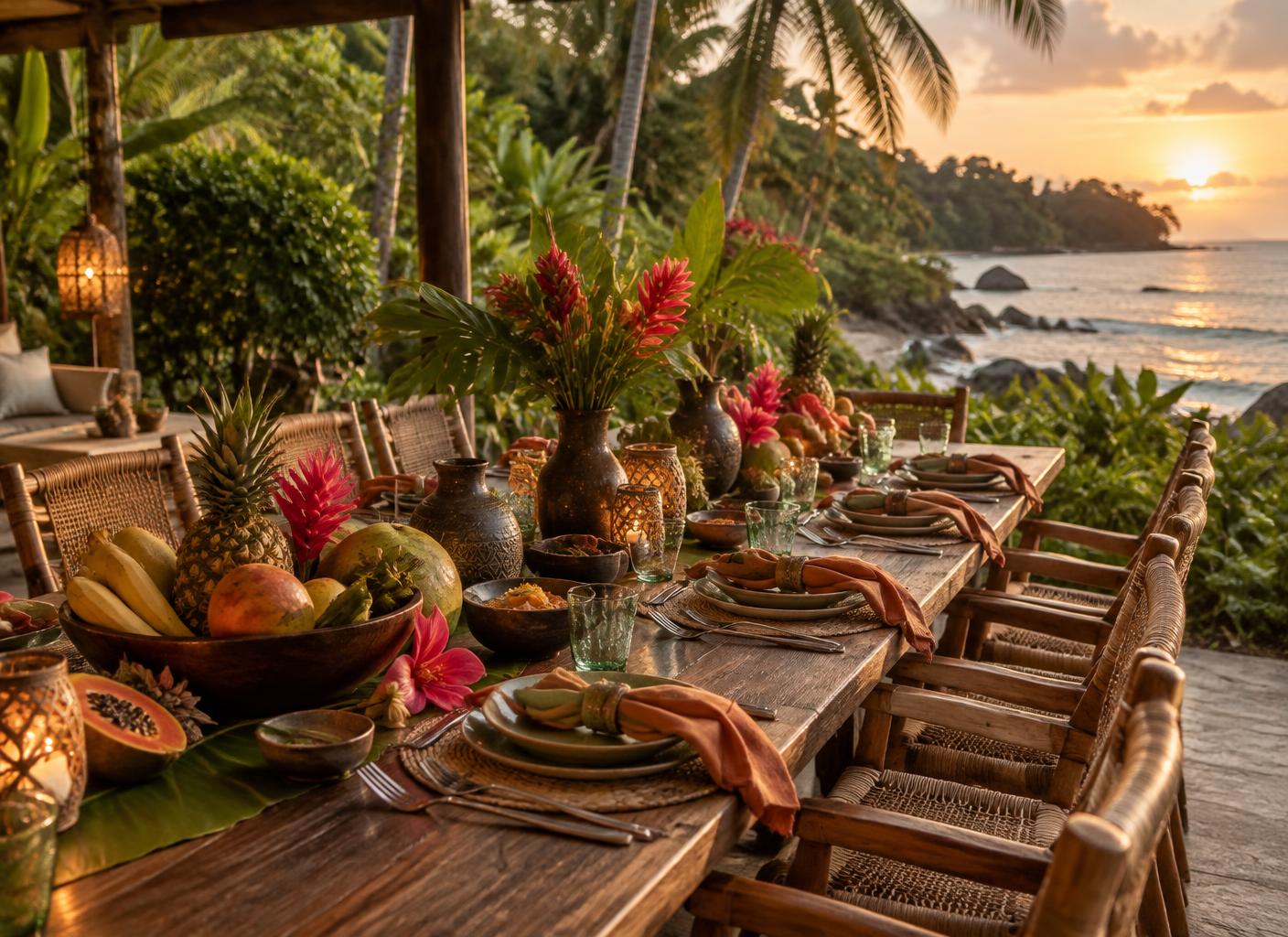 A communal table laid with local fruit and flowers on the Caribbean coast